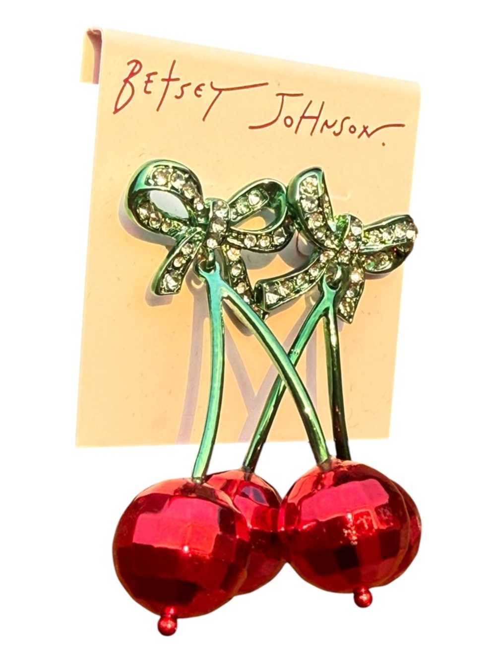 NWT Betsey Johnson Red Cherry Disco Ball Rhinestone Bow Earrings interchangeable - Picture 3 of 4